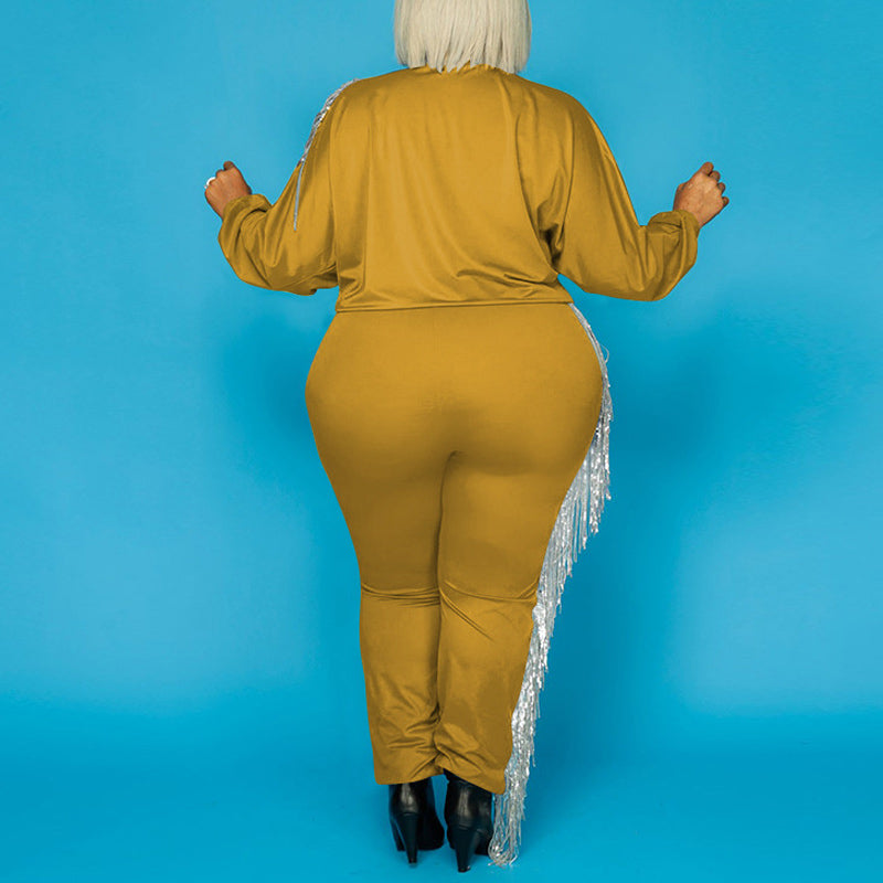 Plus Size Solid Tassel Design One Shoulder Straight Pants Set