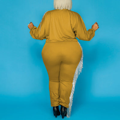 Plus Size Solid Tassel Design One Shoulder Straight Pants Set