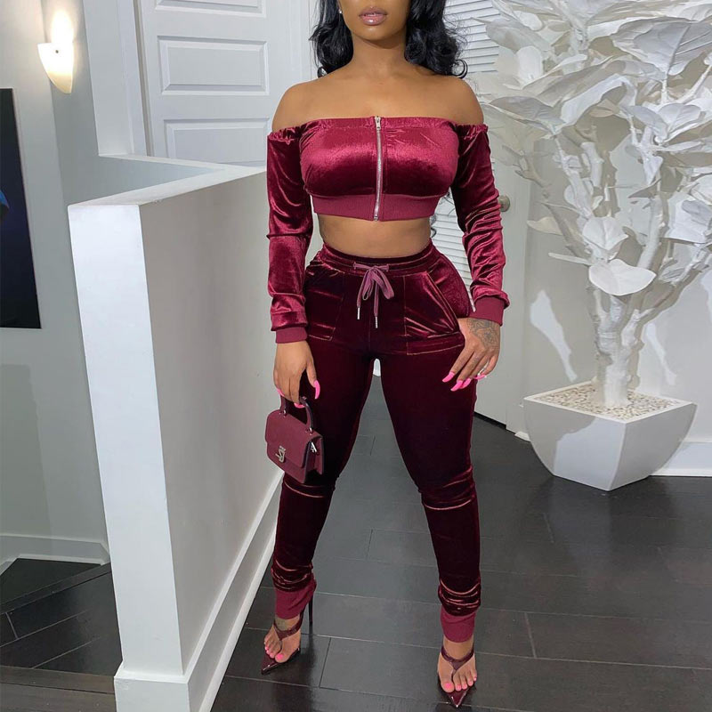 Solid Off Shoulder Zipper Design Pants Set