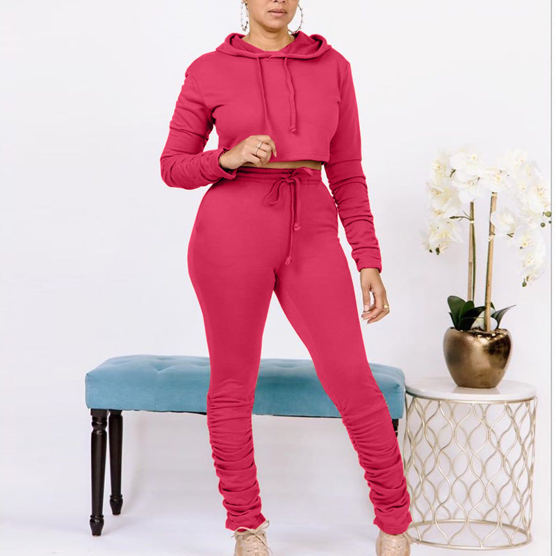Solid Stacket Long Sleeve Drawstring Hoodie Top & Pants Set