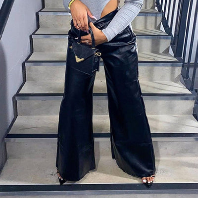Pocket Design High Waist PU Bell Bottom Pants