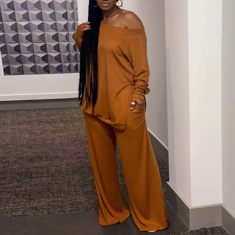 Solid One Shoulder Long Sleeve Top & Pants Set