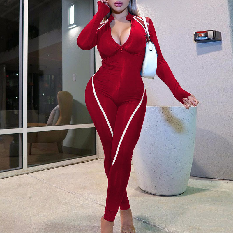 Strip Zipper Design Long Sleeve Jumpsuit