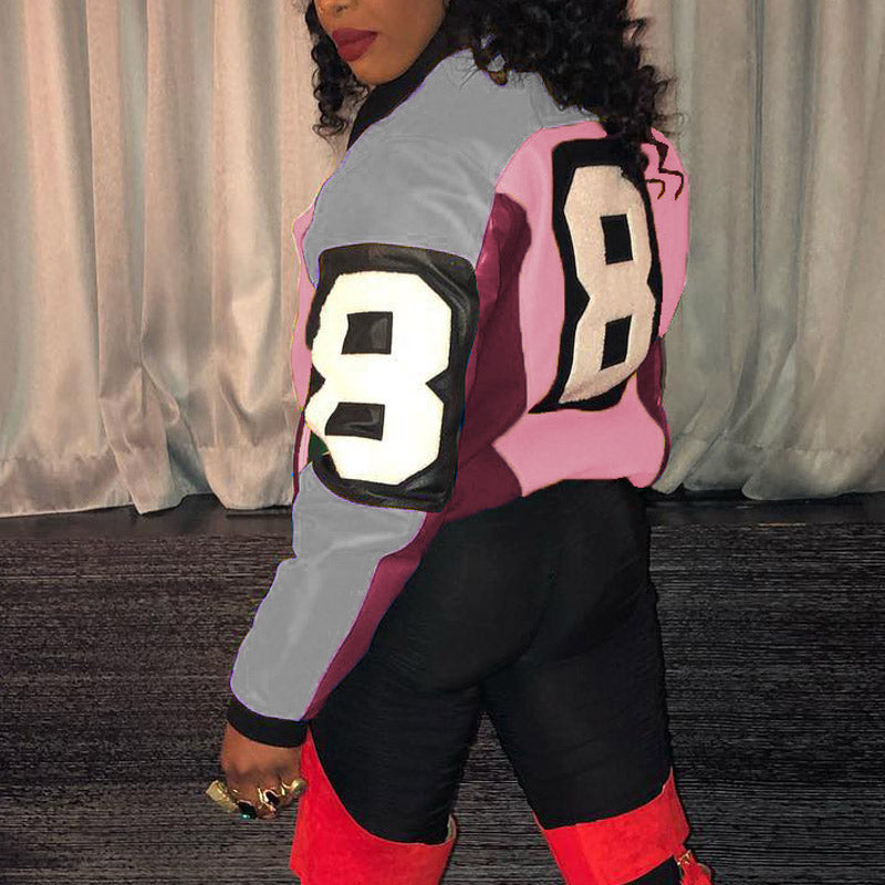 Colorblock Letter Print Zipper Design Jacket Coat