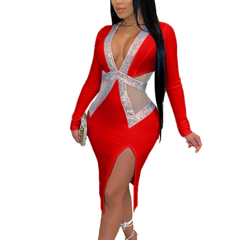 Sequins V-Neck Hollow Out Mesh Patchwork Long Sleeve High Slit Dress