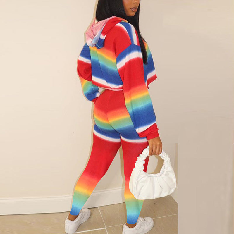 Rainbow Pattern Long Sleeve Hoodie Top & Pants Set
