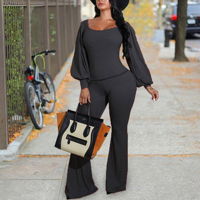 Solid Lantern Long Sleeve Ribbed Bell Bottom Pants Set