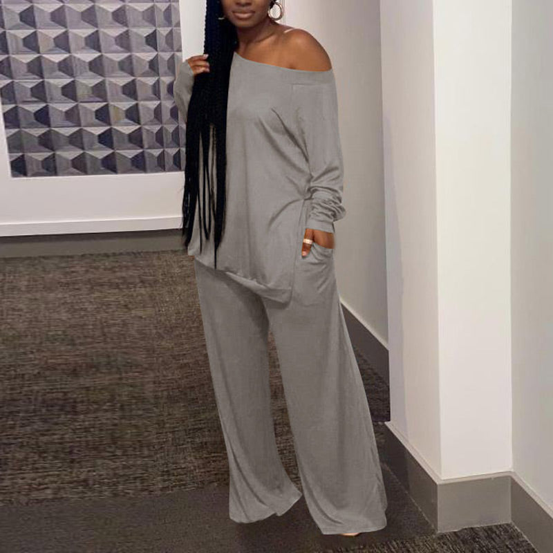 Solid One Shoulder Long Sleeve Top & Pants Set