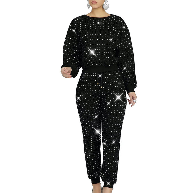 Rhinestone Sequins Design Long Sleeve Top & Drawstring Pants Set