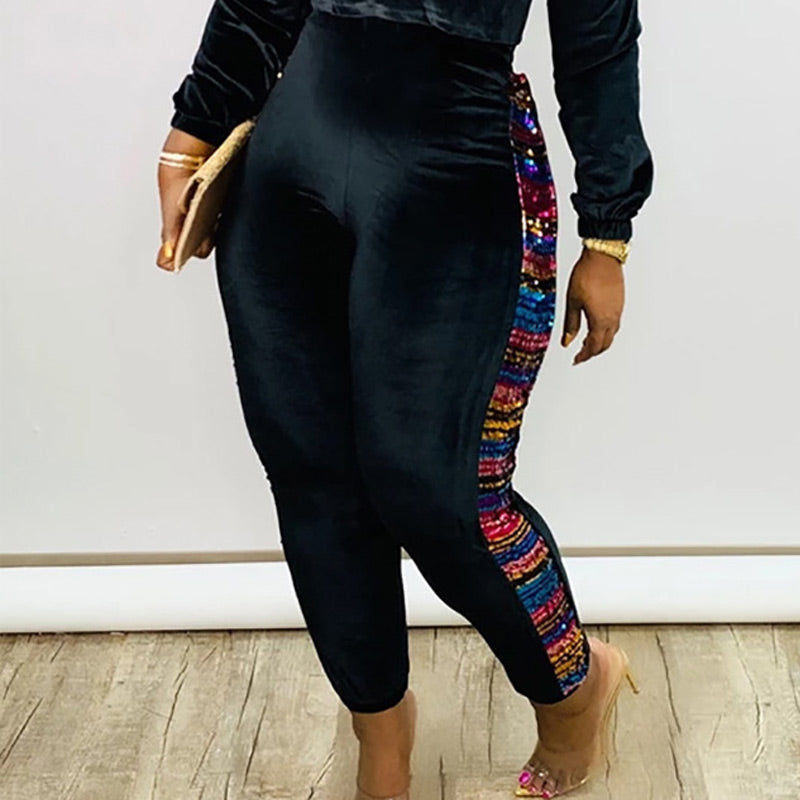 Sequin Velvet Patchwork High Waist Pants
