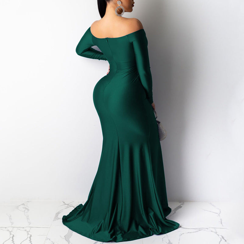 Sexy Off Shoulder V-Neck High Split Long Sleeve Maxi Party Evening Dress