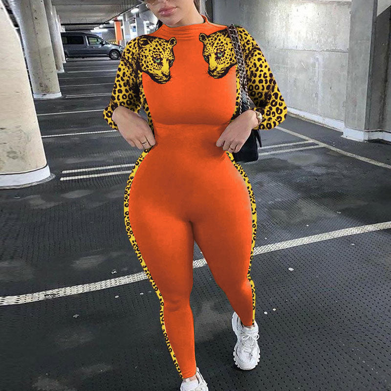 Leopard Print Patchwork Long Sleeve Jumpsuit
