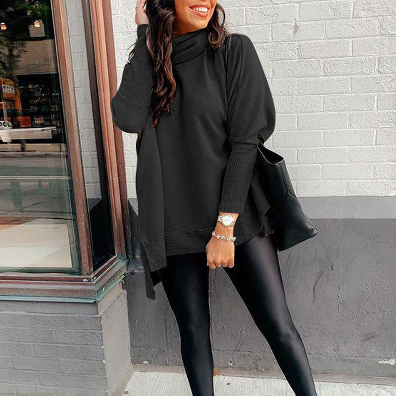 Solid Turtleneck Long Sleeve Loose Top