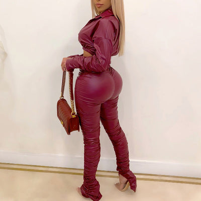Sexy PU V-Neck Stacket Long Sleeve Top & High Waist Skinny Pants Set