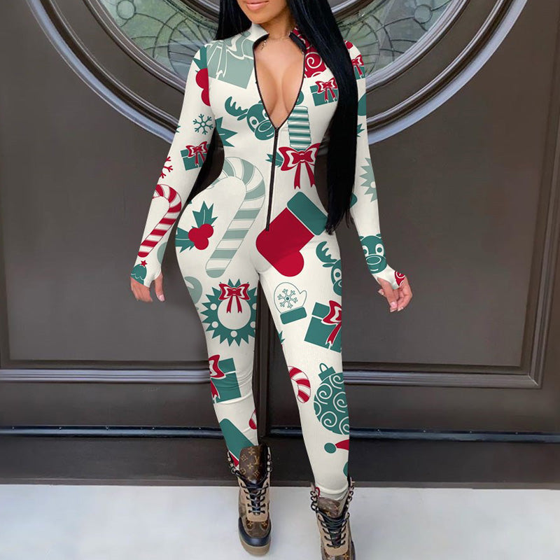 Fashion Christmas Print Zipper Design Long Sleeve Jumpsuit Pyjama