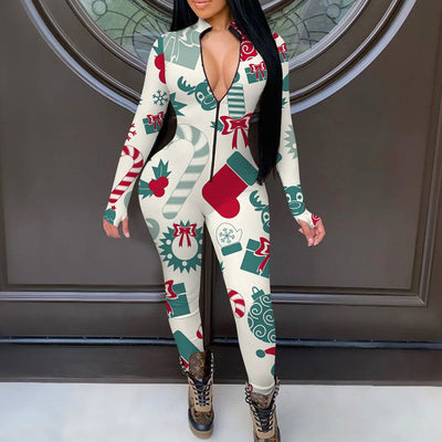 Fashion Christmas Print Zipper Design Long Sleeve Jumpsuit Pyjama