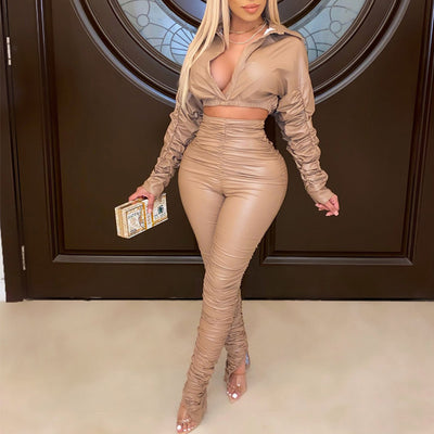 Sexy PU V-Neck Stacket Long Sleeve Top & High Waist Skinny Pants Set