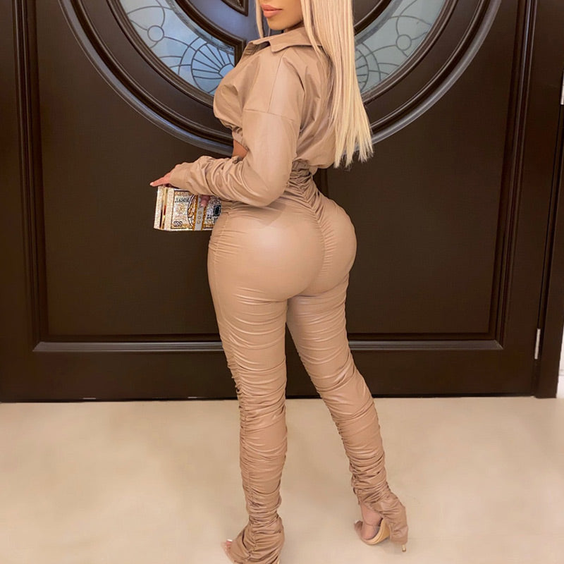Sexy PU V-Neck Stacket Long Sleeve Top & High Waist Skinny Pants Set