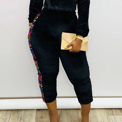 Sequin Velvet Patchwork High Waist Pants