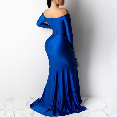 Sexy Off Shoulder V-Neck High Split Long Sleeve Maxi Party Evening Dress