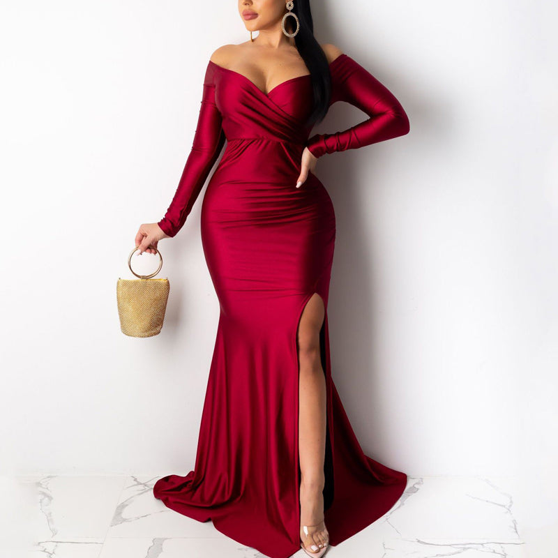 Sexy Off Shoulder V-Neck High Split Long Sleeve Maxi Party Evening Dress