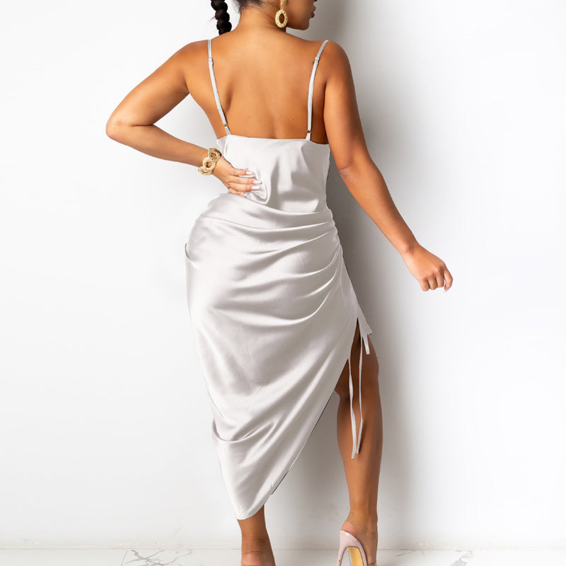 Solid Ruched High Split Sling Dress