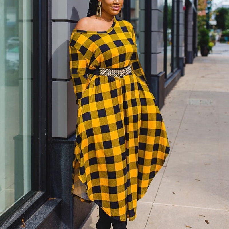 Plaid Round Neck Patchwork Long Sleeve Asymmetric Hem Dress