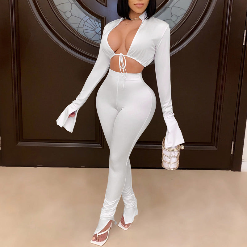 Solid Tied Long Sleeve Two Piece Set