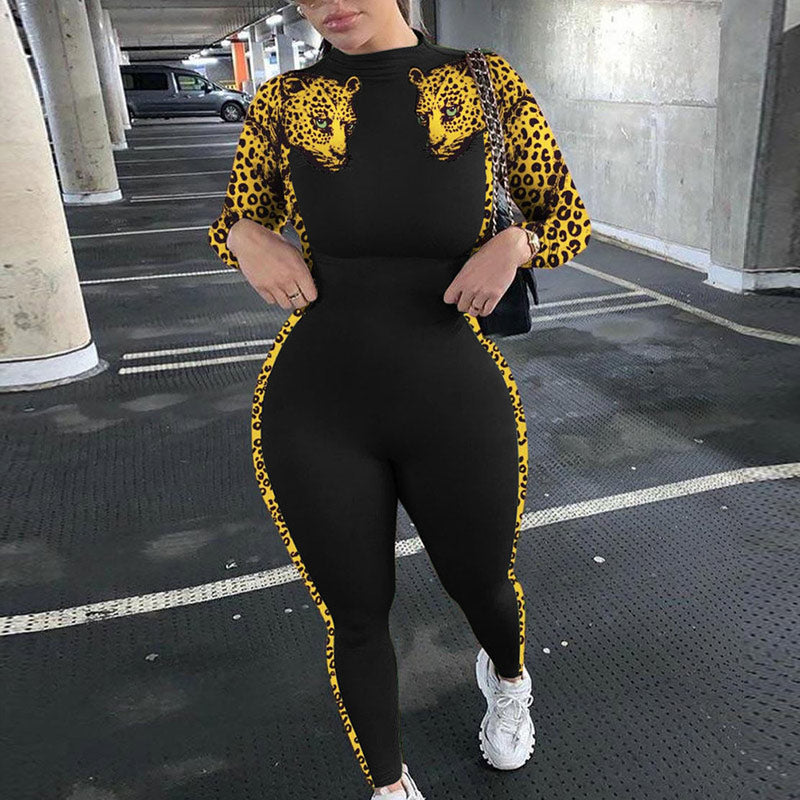 Leopard Print Patchwork Long Sleeve Jumpsuit