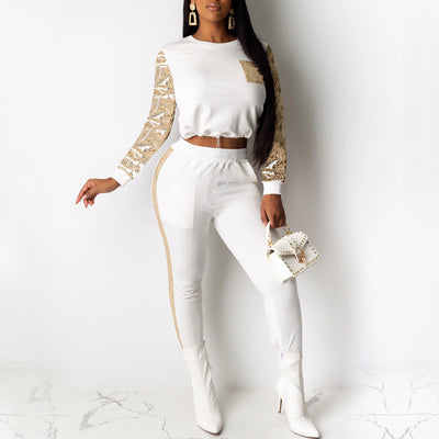 Solid Sequins Long Sleeve Crop Top & Pants Set