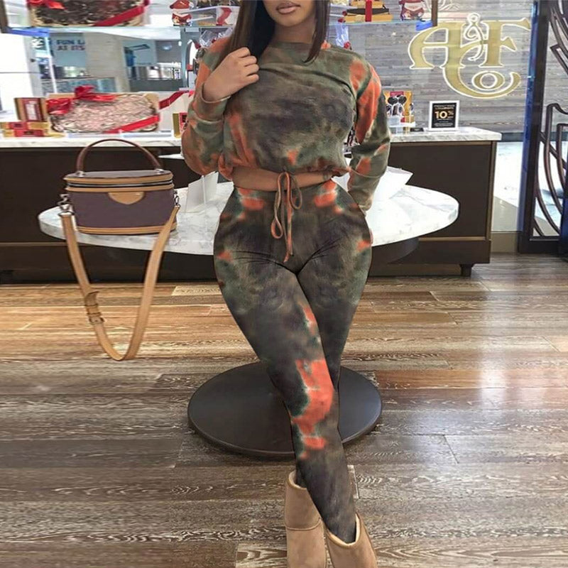 Tie Dye Print Drawstring Long Sleeve Top & High Waist Pants Set