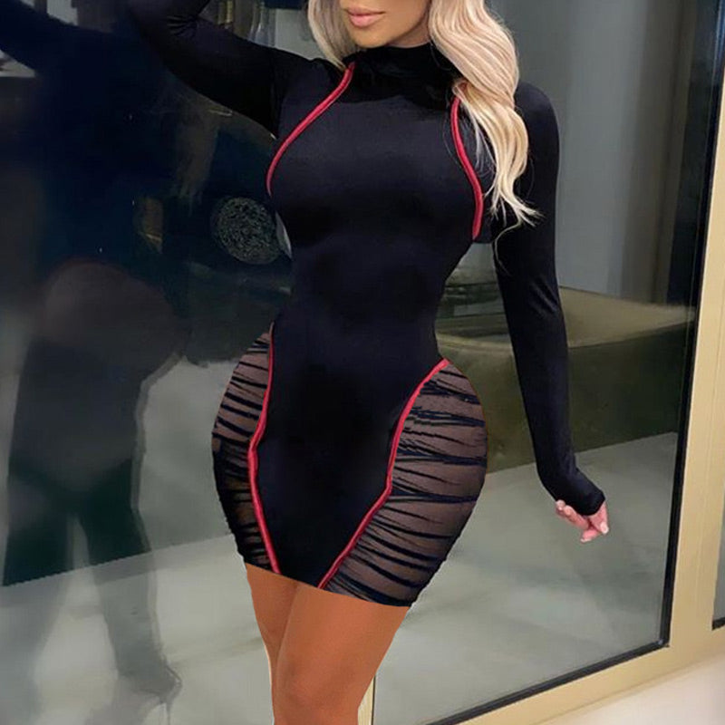 Solid Sheer Mesh Patchwork Long Sleeve Dress