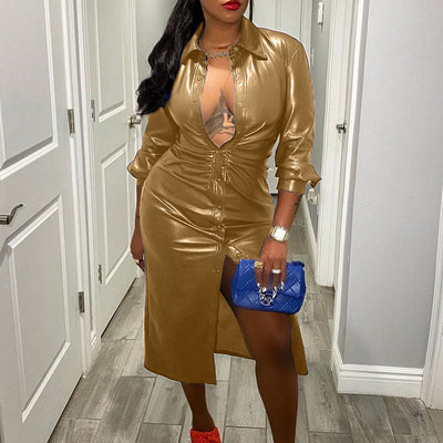 Solid Turndown Neck Long Sleeve Button Detailed PU Leather Long Trench Coat