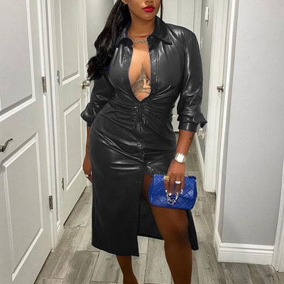 Sexy V-neck Button Design Lapel Windbreaker Long PU Leather Coat