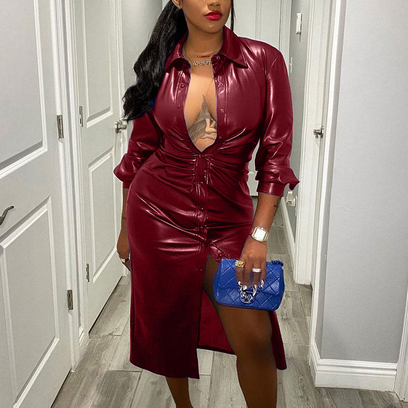 Sexy V-neck Button Design Lapel Windbreaker Long PU Leather Coat