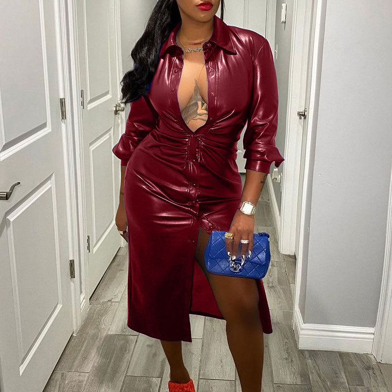 Solid Turndown Neck Long Sleeve Button Detailed PU Leather Long Trench Coat