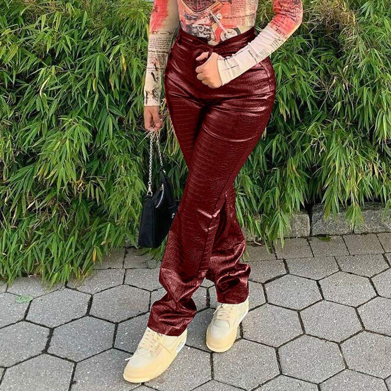 PU Drawstring High Waist Straight Pants