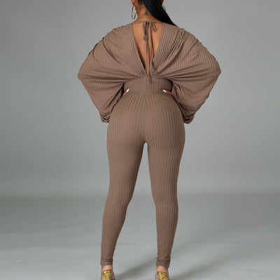 Solid Bat Sleeve Backless Drawstring Jumpsuit