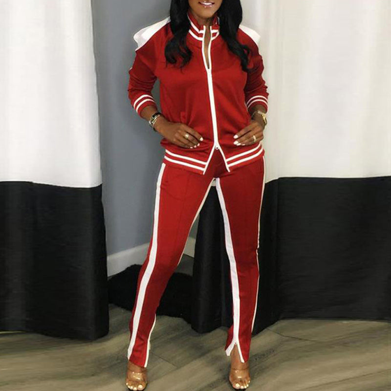 Stripe Patchwork Zipper Design Long Sleeve Top & Pants Set