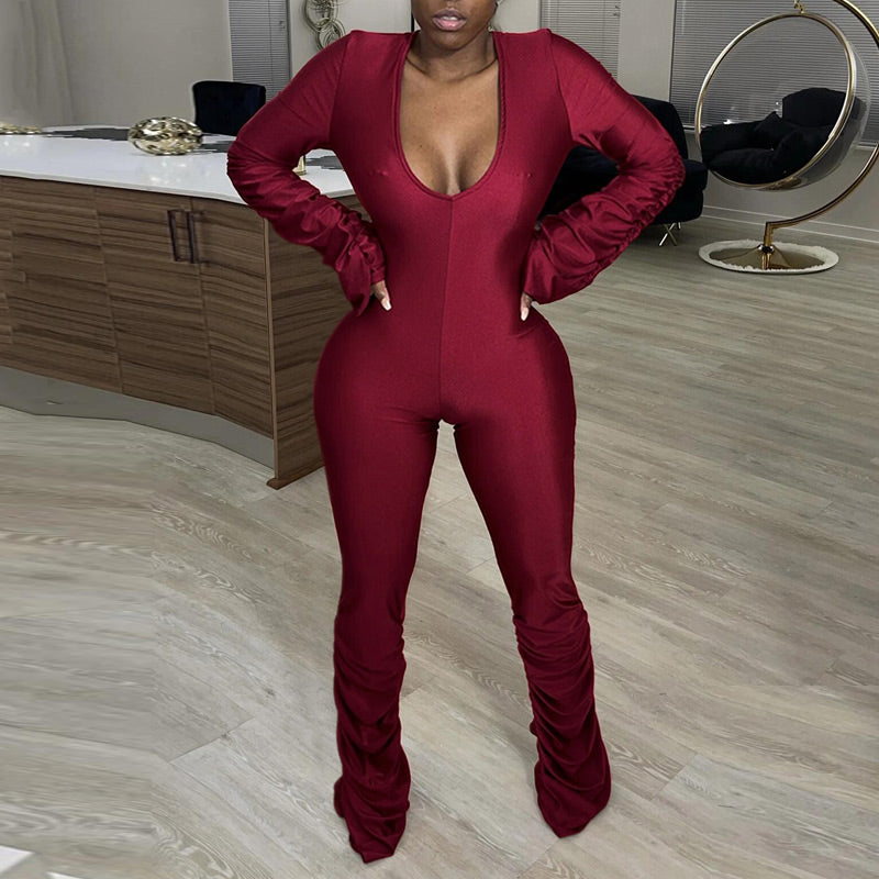 Sexy Round Neck Pleats Long Sleeve Jumpsuit