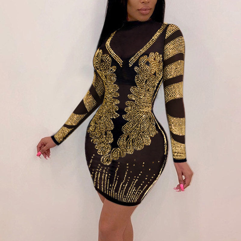 Sequins Sheer Mesh Patchwork Bodycon Party Dress