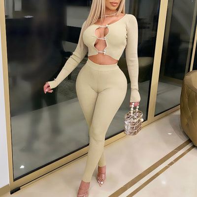 Solid Ribbed Brooch Long Sleeve Top & Pants Set
