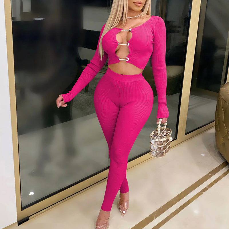 Solid Ribbed Brooch Long Sleeve Top & Pants Set