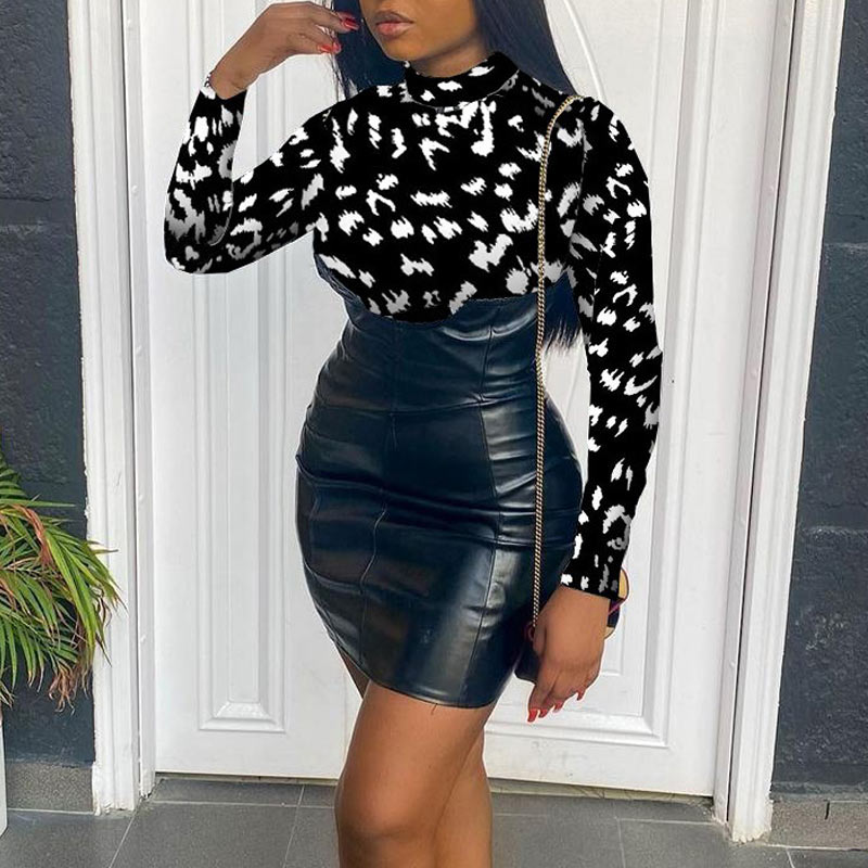 Leopard Print Long Sleeve PU Bodycon Dress