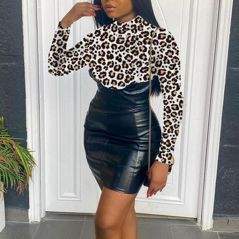 Leopard Print Long Sleeve PU Bodycon Dress