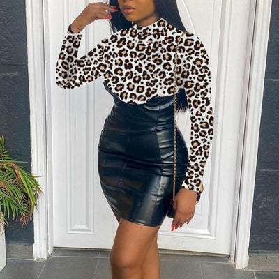 Leopard Print Long Sleeve PU Bodycon Dress