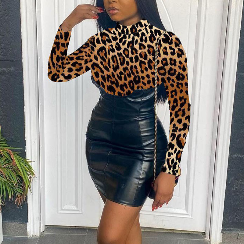Leopard Print Long Sleeve PU Bodycon Dress