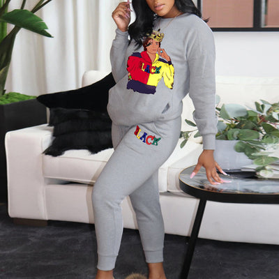 Cartoon Print Pocket Long Sleeve Top & Drawstring Pants Set