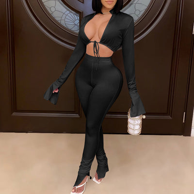 Solid Tied Long Sleeve Two Piece Set