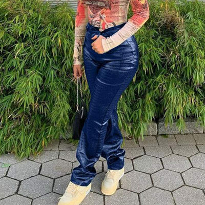PU Drawstring High Waist Straight Pants